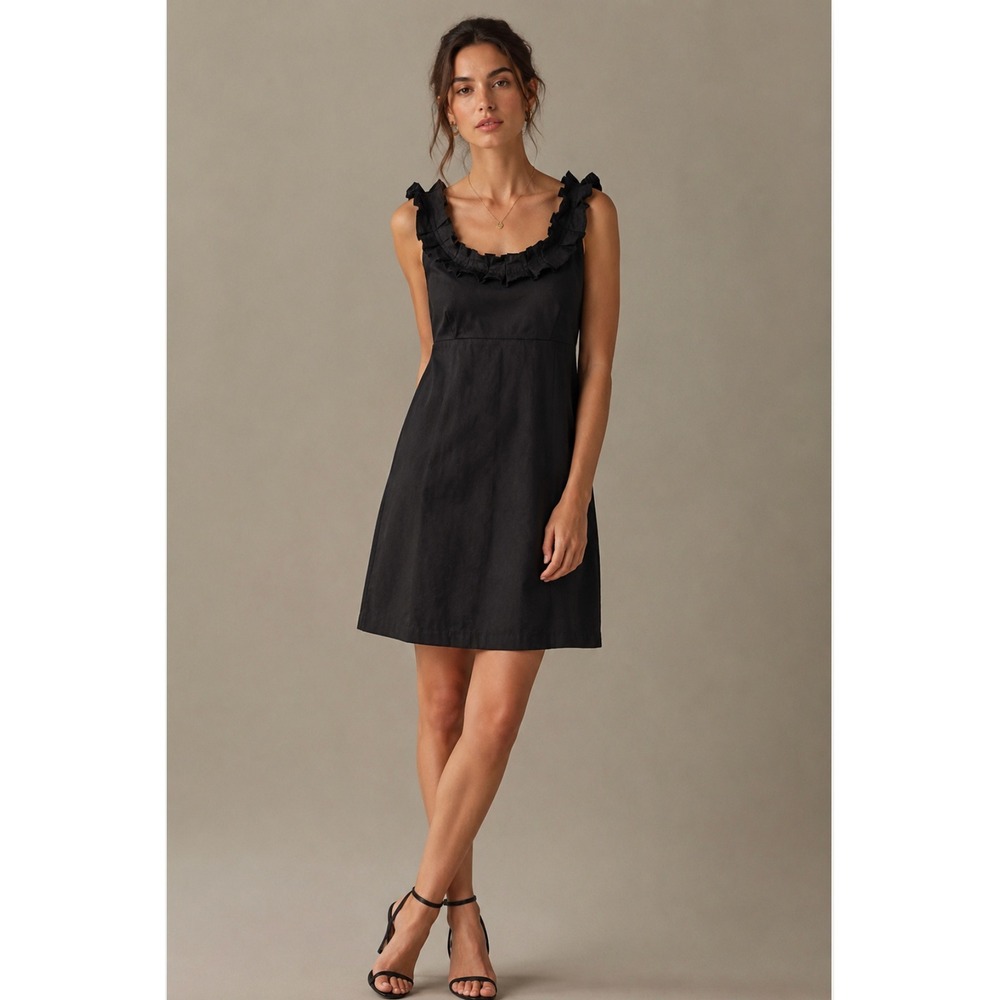 Banana Republic Little Black Dress 10 Ruffle Neck Empire Waist Coquette Cocktail